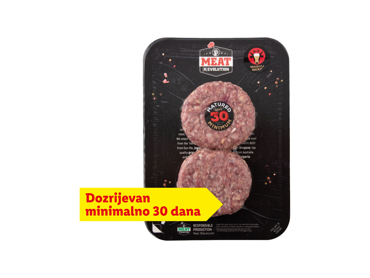 Pakiranje od dva goveđa burgera s oznakom „MATURED 30 DAYS MINIMUM“ i tekstom „Dozrijevan minimalno 30 dana“.