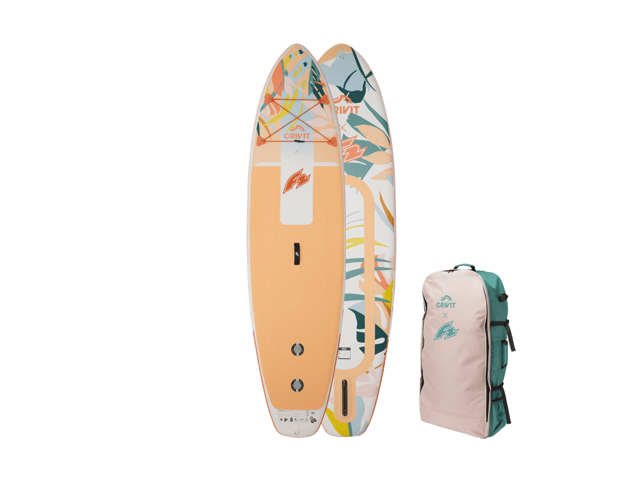 Zwei Stand-Up-Paddle-Boards mit tropischem Muster und eine passende Tragetasche.