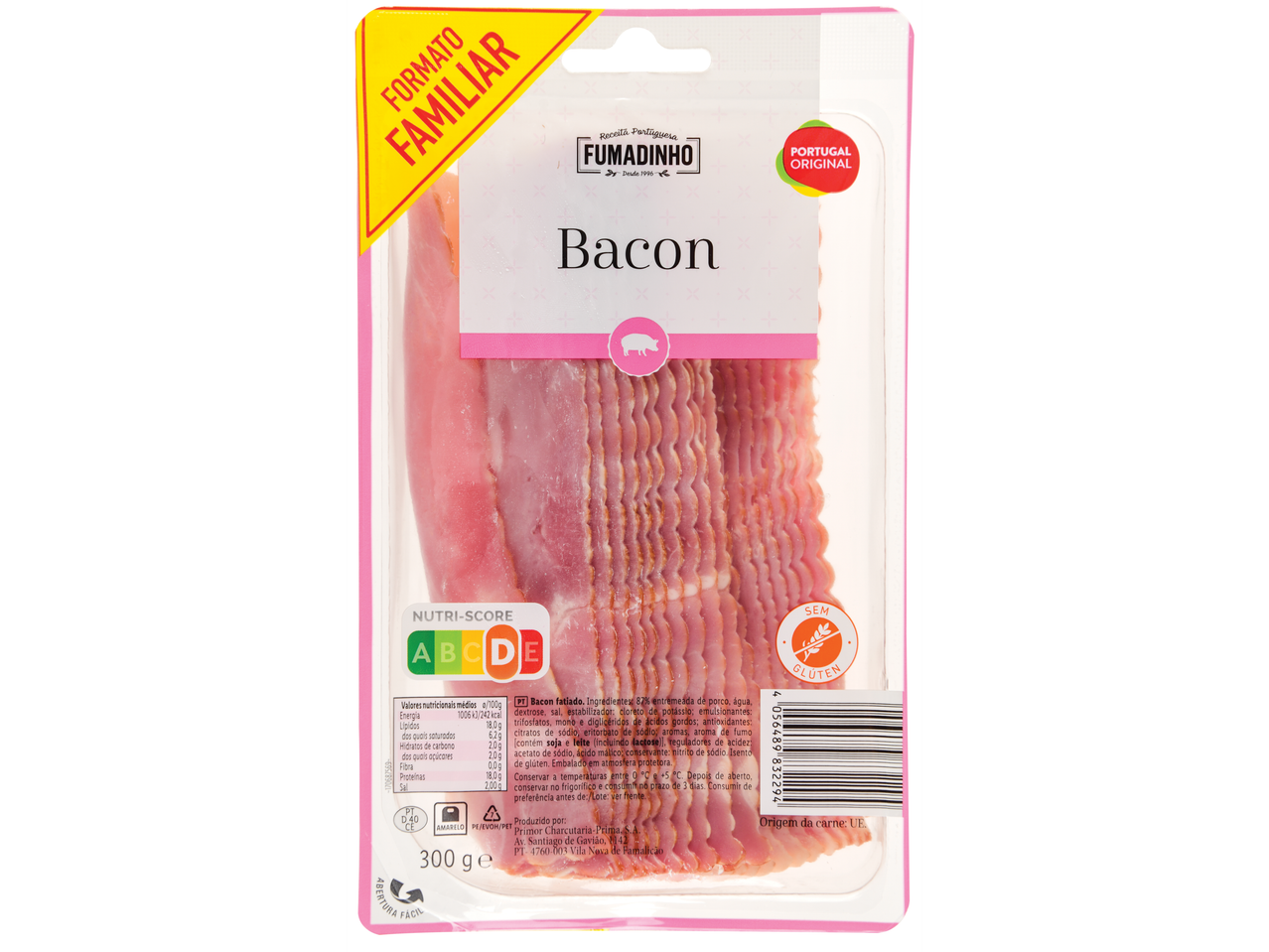 Bacon fatiado Fumadinho em embalagem familiar com Nutri-score D e rótulo 'sem glúten'.