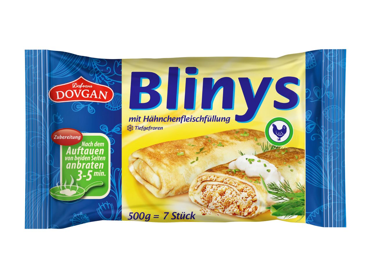 Dovgan Blinys: 500g package of frozen chicken-filled pancakes.