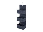 A dark-blue fabric hanging organizer with three shelves.