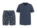 Mørkeblå pyjamasshorts med citronprint og en matchende mørkeblå V-hals T-shirt.