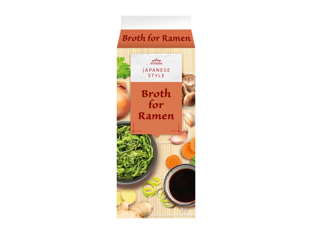 Vitasia Japanese Style Broth for Ramen with ingredients like seaweed, ginger, and soy sauce.