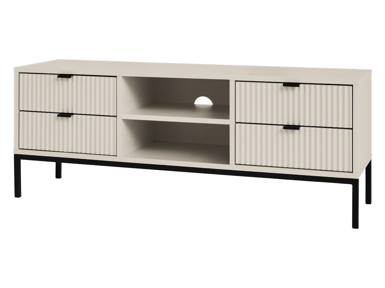 Kremasta TV komoda s rebrastim ladicama i crnim metalnim nogama.