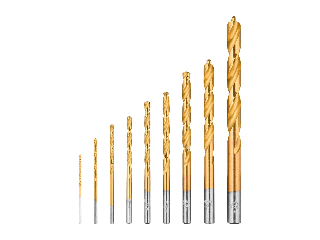 A set of ten golden drill bits of varying sizes, arranged from smallest to largest.
