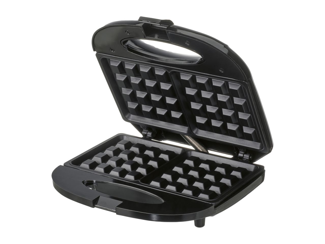 A black, non-stick waffle maker is open, displaying its gridded cooking plates.