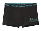 Black men's boxer briefs with a teal waistband featuring 'CHAMPS SQUAD' text.