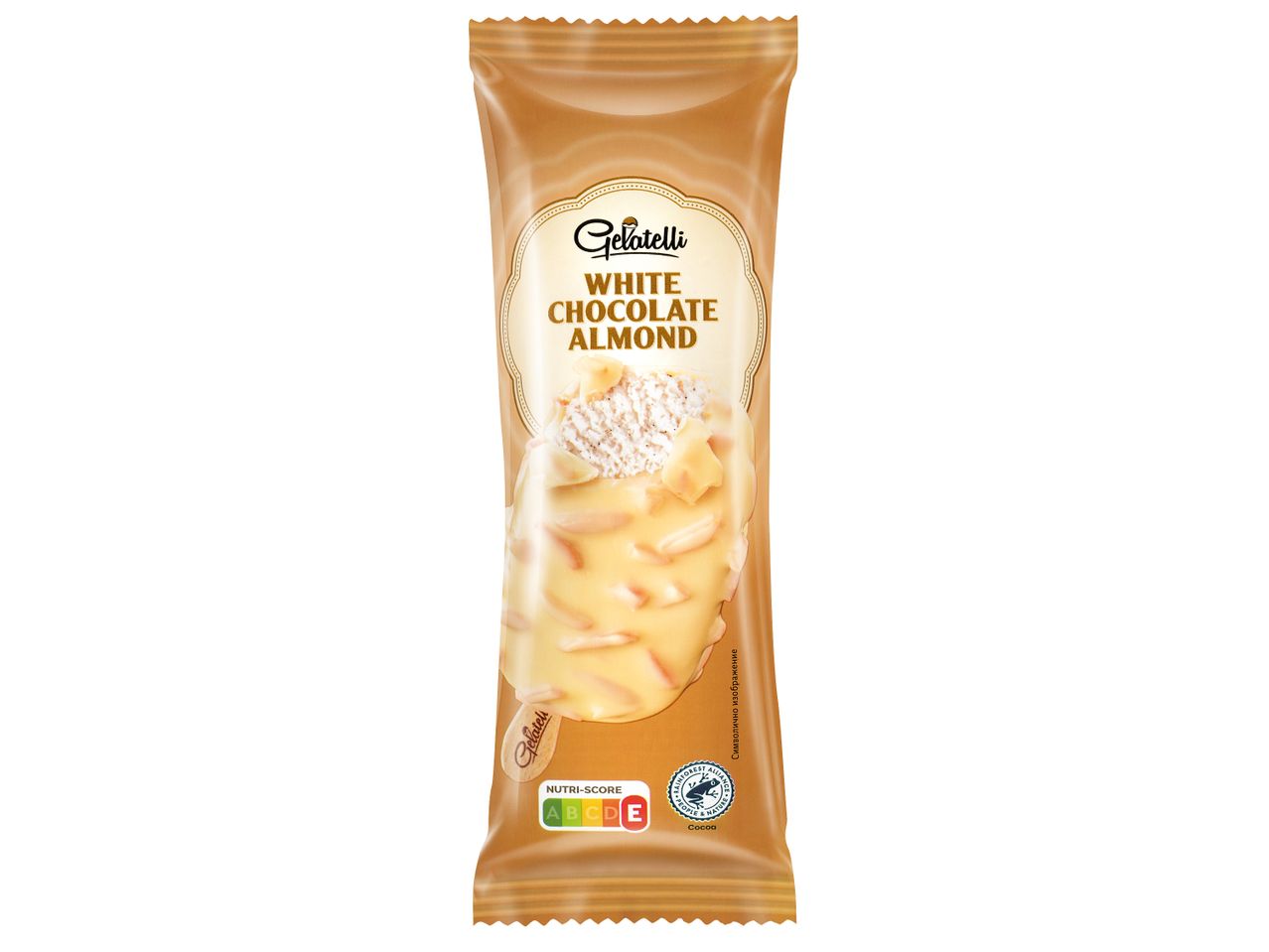 Опаковка на сладолед Gelatelli White Chocolate Almond с Nutri-Score A.