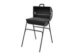 Black charcoal barbecue grill with an open lid and a metal grate, on a white background.