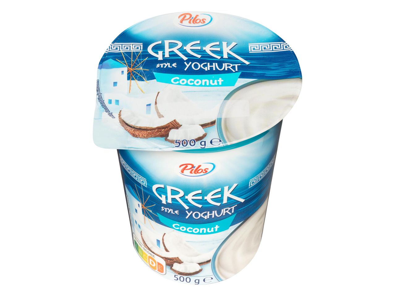Két Pilos márkájú görög joghurt kókusz ízben, egymásra helyezve.