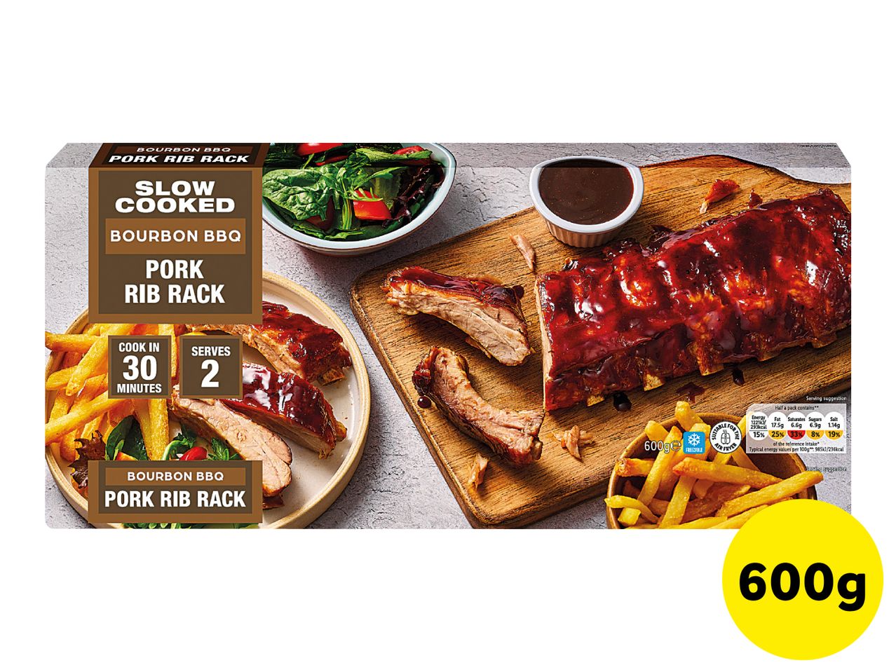 600g pack of slow cooked bourbon BBQ pork rib rack, serving two.
