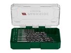 A green plastic case containing a set of Wera brand drill bits.