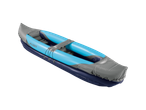 Inflatable two-person kayak in blue and grey with black bungee cords.