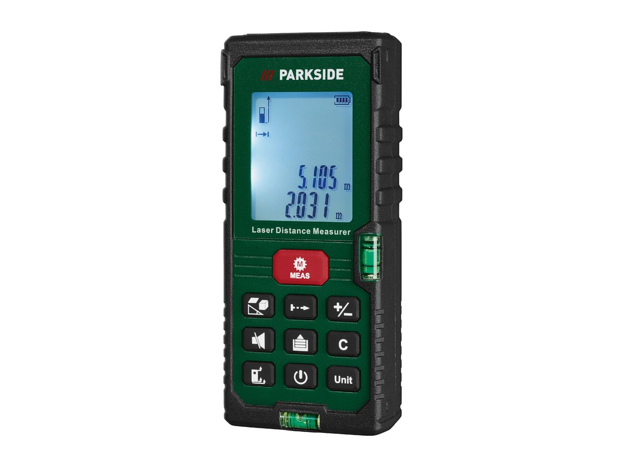 PARKSIDE laser distance measurer displaying 5.105m and 2.031m, with a spirit level.