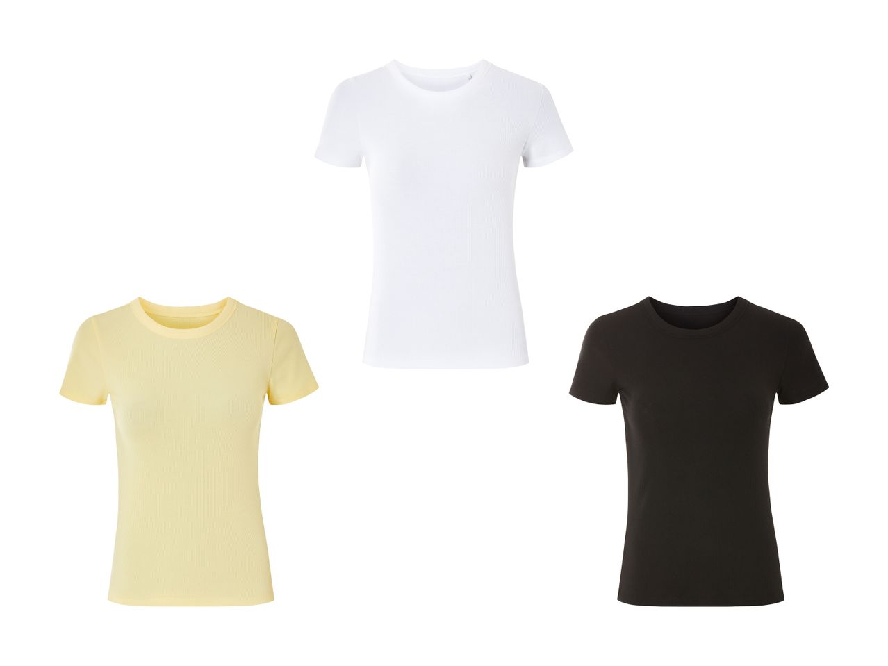 Tre ribstrikkede T-shirts i hvid, gul og sort.
