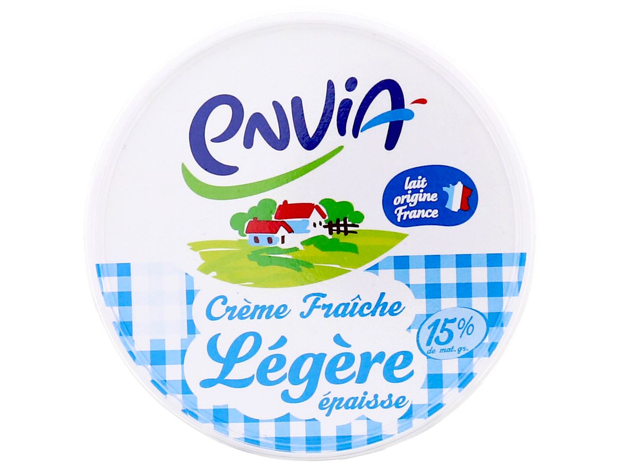 Pot de crème fraîche légère Envia 15% MG, lait d'origine France.