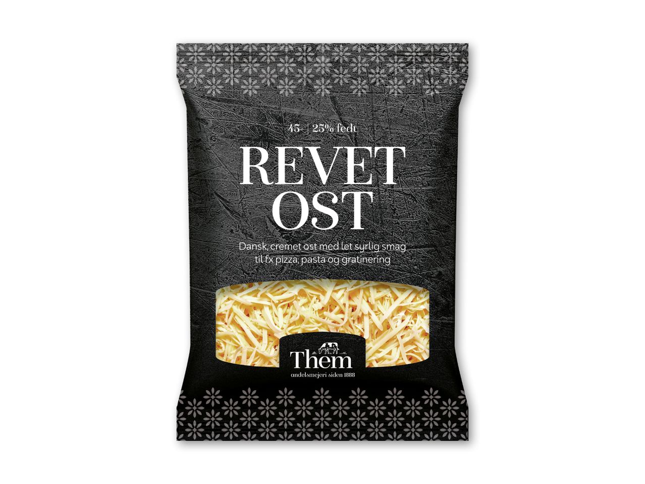 Pakket revet ost med 25% fedt, ideel til pizza, pasta og gratinering.