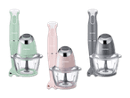 Drei SilverCrest-Handrührgeräte mit Zerkleinerer in Mint, Rosa und Grau.