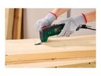 Person using an oscillating multi-tool to cut a nail from a wooden plank.