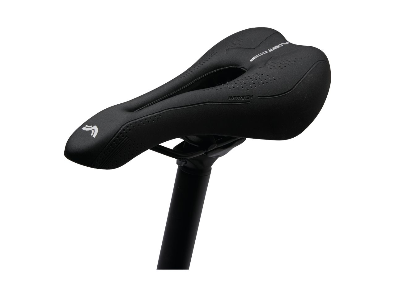 Black bicycle saddle with a central cutout and textured surface, mounted on a seat post.