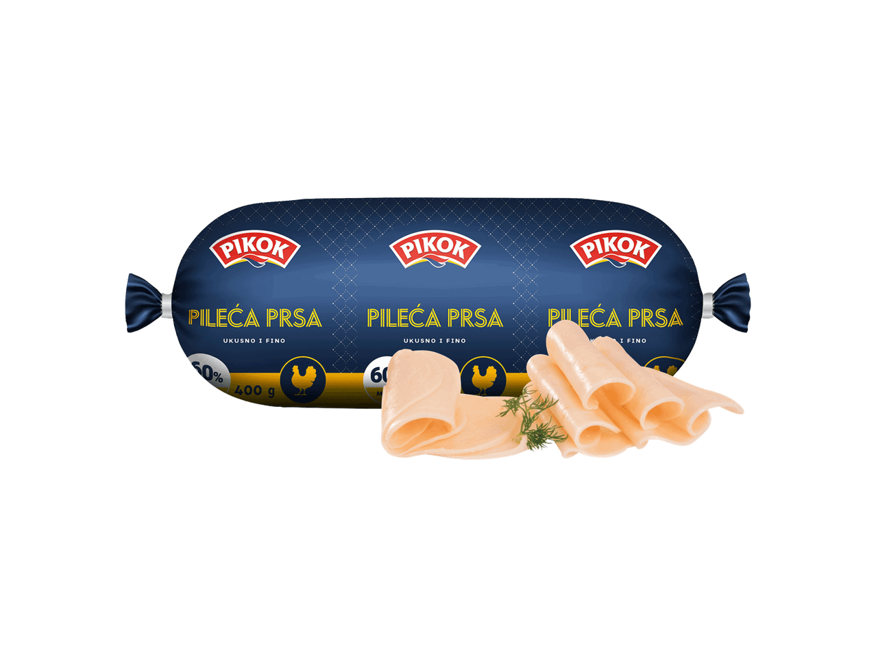 Pakovanje pilećih prsa sa narezanim kriškama i mirođijom, sa natpisom „PILEĆA PRSA UKUSNO I FINO“.