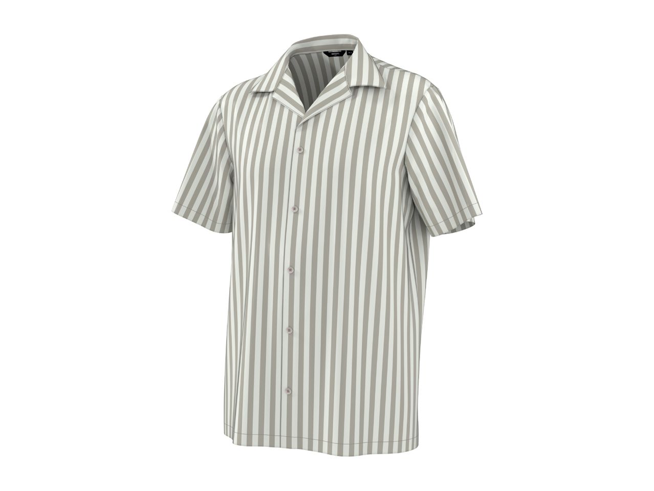 Men's striped short-sleeved shirt in white and grey with a camp collar.