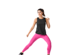 Woman in pink leggings and black tank top exercising.