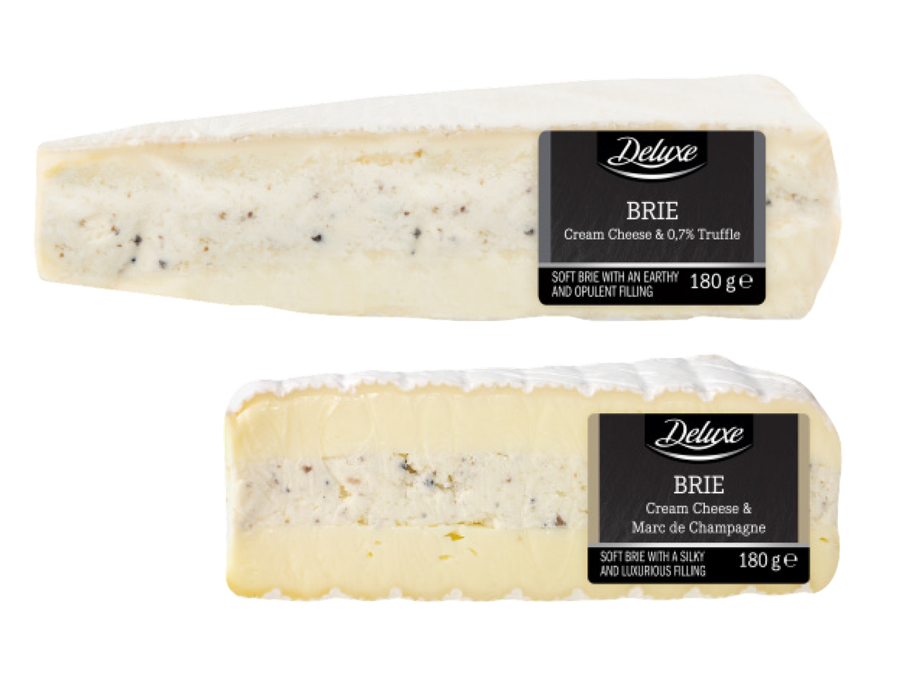 Divi Deluxe Brie sieri: viens ar trifeļu pildījumu, otrs ar šampanieša pildījumu.