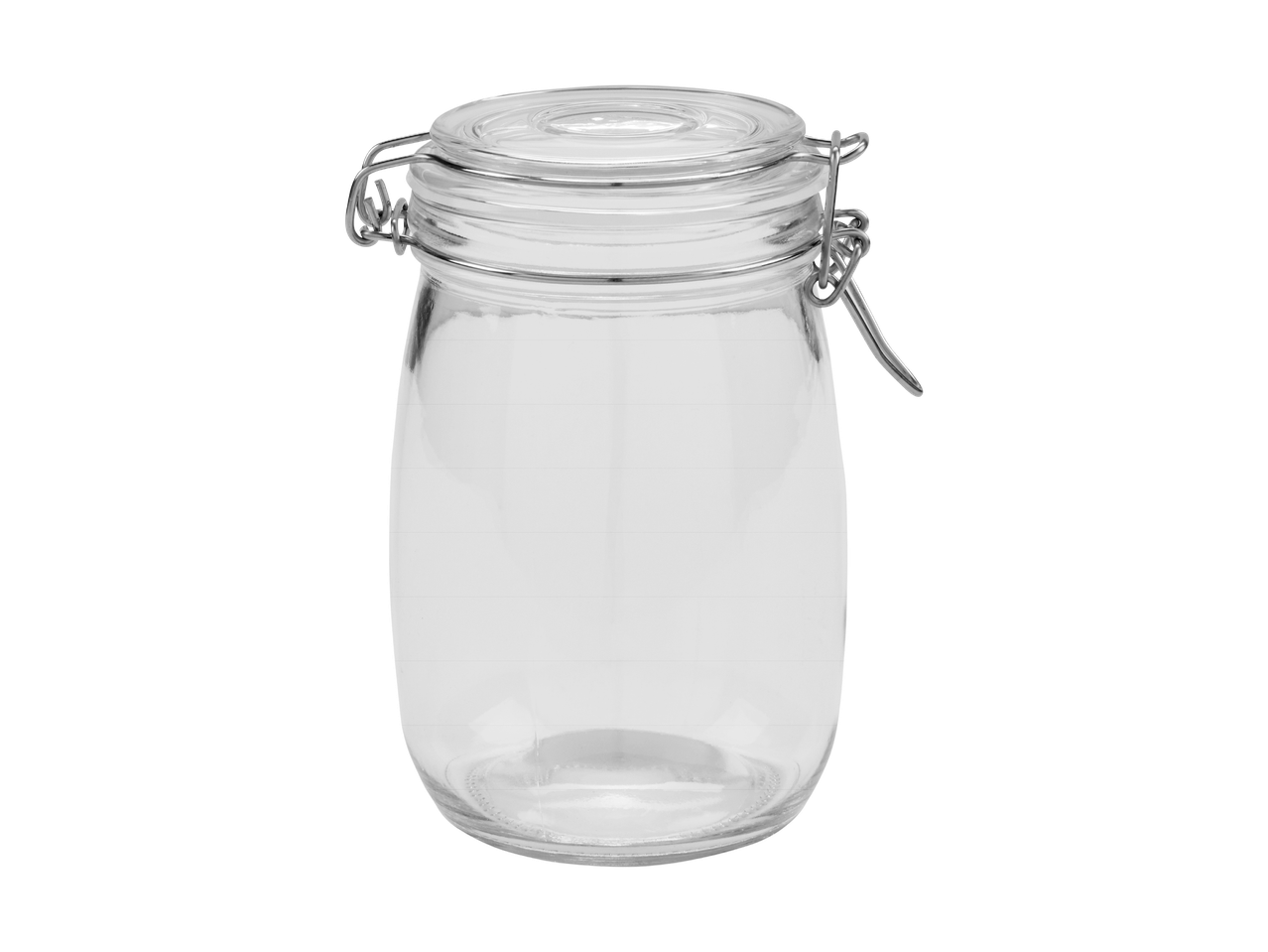 Eine leere Glasdose mit Metallverschluss.