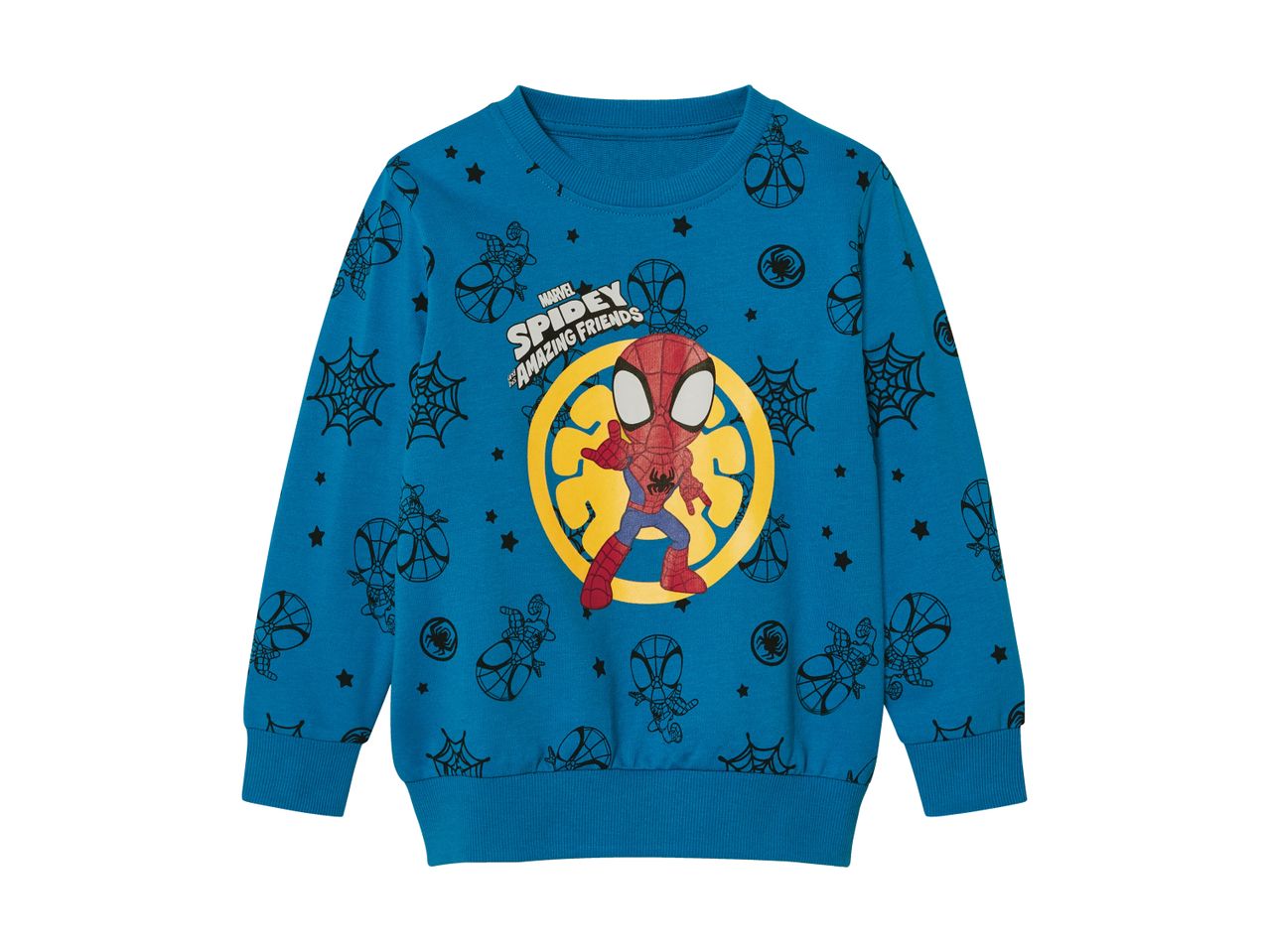 A teal Spider-Man Christmas sweater for kids.