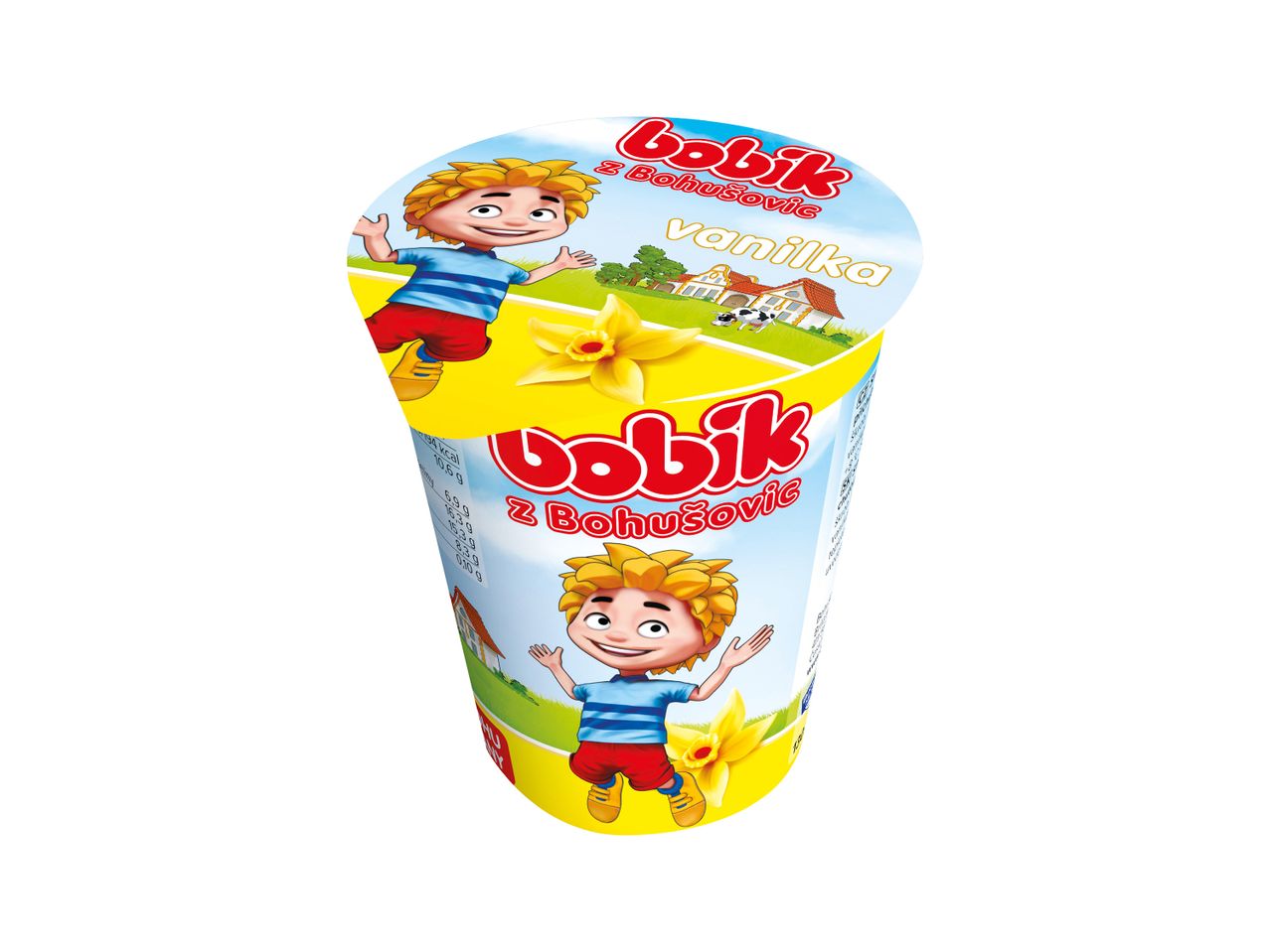Mléčný výrobek Bobik z Bohušovic s příchutí vanilky.