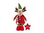 Christmas reindeer plush toy in red and green, holding a red star with 'Merry Christmas'.