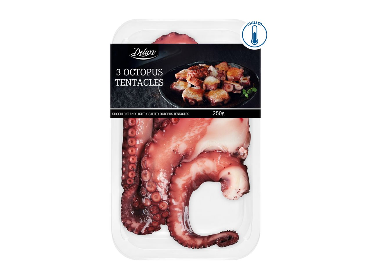 Pack of 3 octopus tentacles, chilled, with a serving suggestion of cooked octopus pieces.