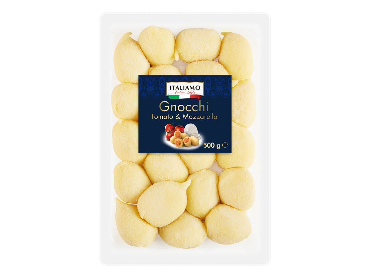 Gnocchis surgelés Italimo, saveur tomate et mozzarella, 500g.