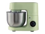 Light green stand mixer with a stainless steel bowl and a digital display showing 'Turbo' and '2 01:59'.