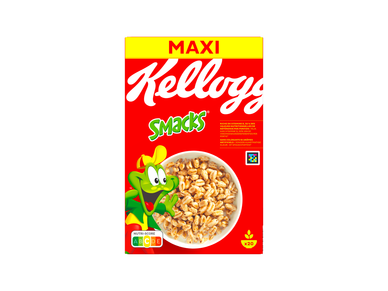 Een doos Kellogg's Maxi Smacks ontbijtgranen, met mascotte en Nutri-Score.