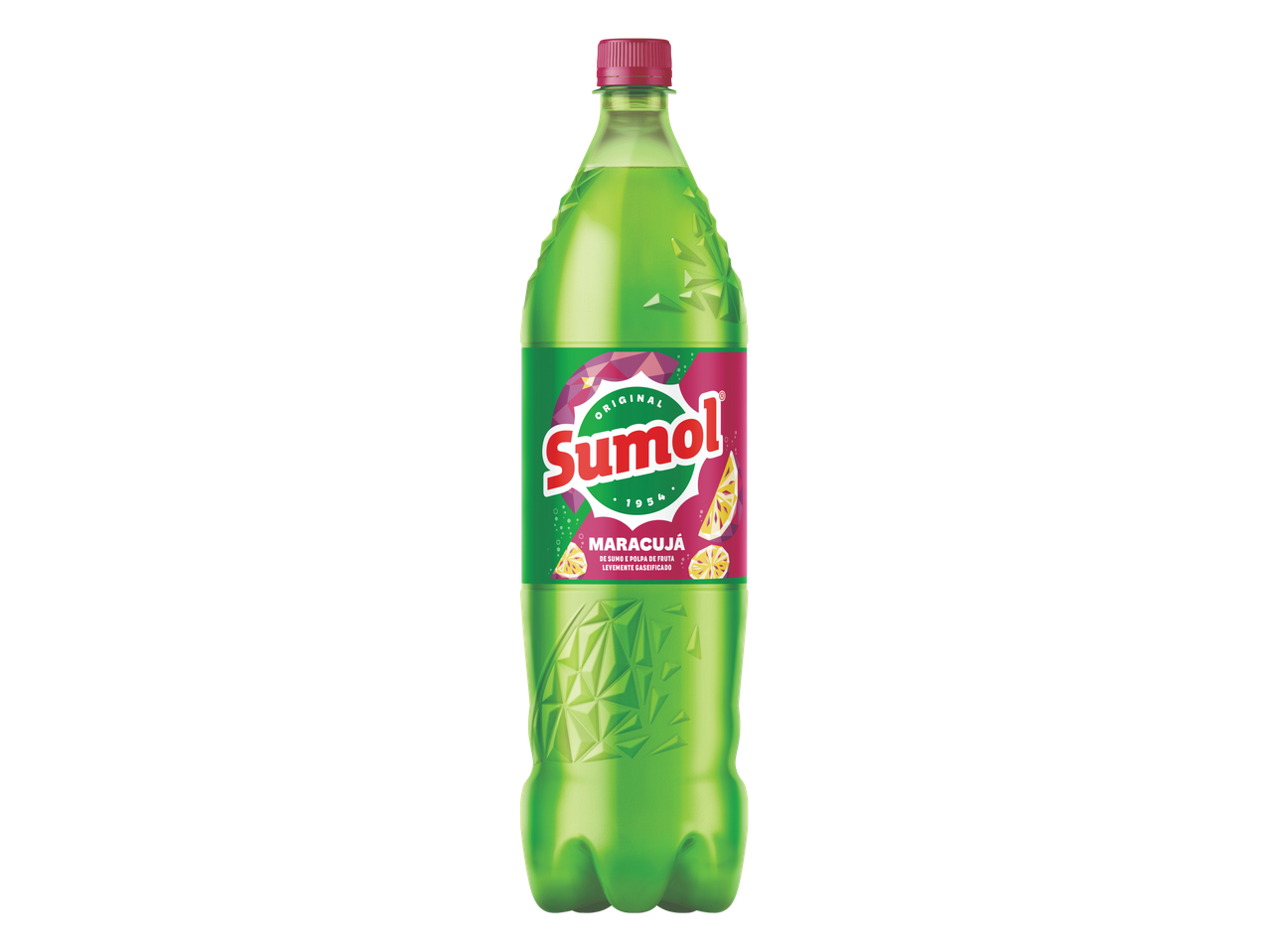 Garrafa de refrigerante de maracujá com tampa vermelha e rótulo verde e rosa.