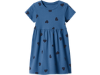 Blue short-sleeved dress with dark blue heart pattern for children.