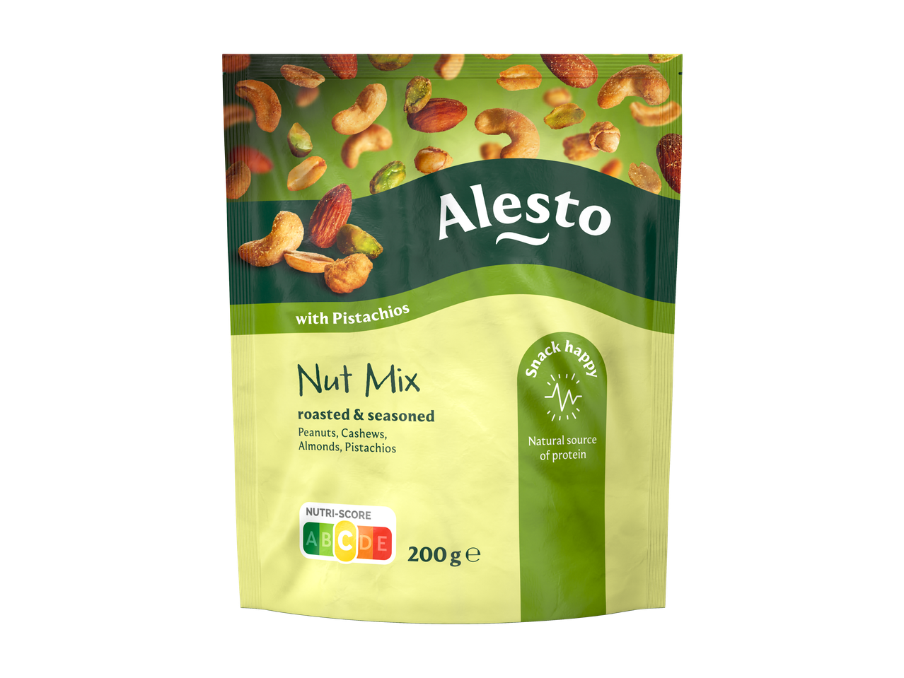 Alesto Notenmix geroosterd & gekruid met pinda's, cashewnoten, amandelen en pistachenoten.