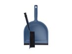 Blue dustpan and black brush set on a white background.