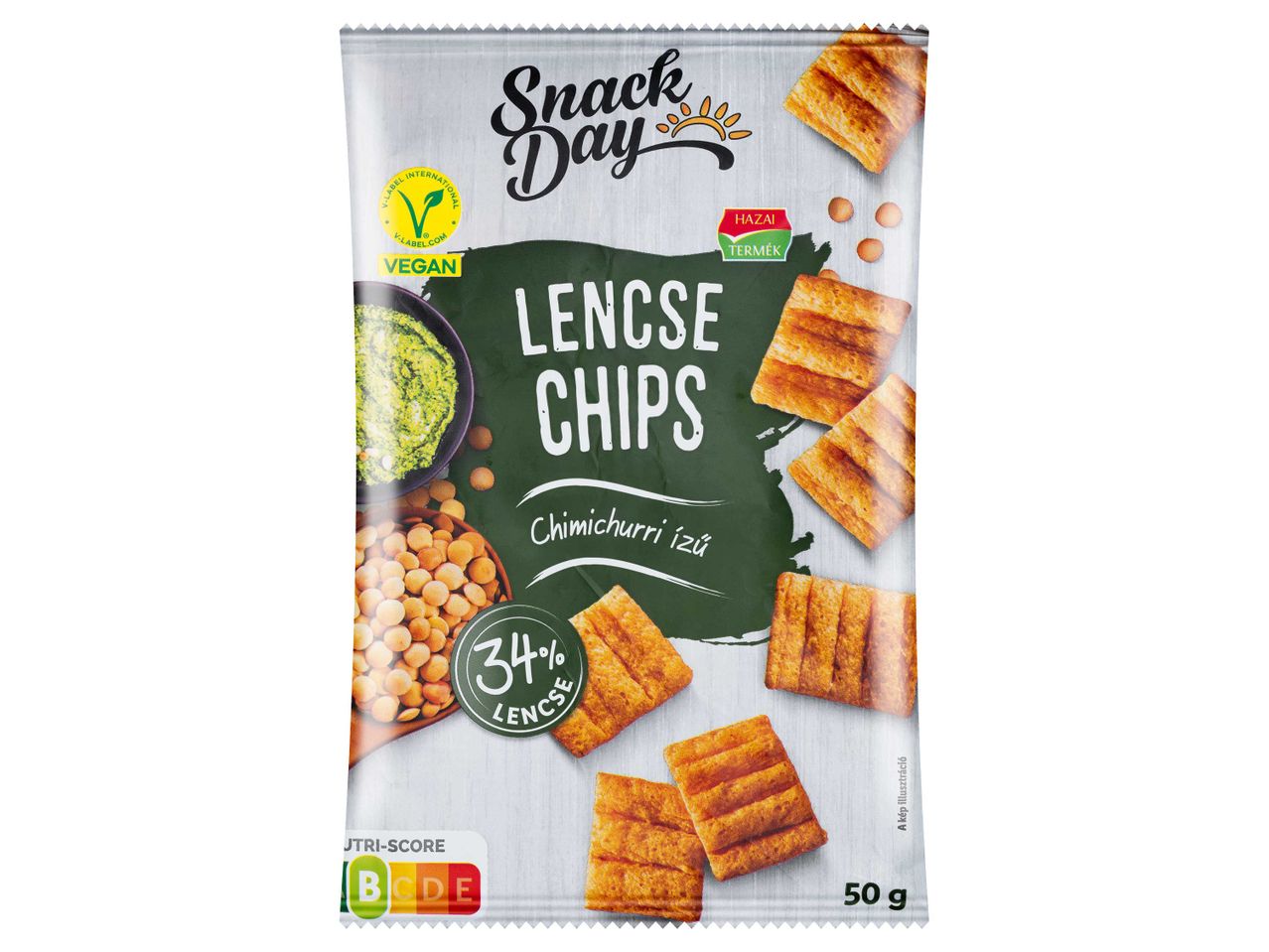 Snack Day lencse chips chimichurri ízzel, 50g-os kiszerelésben, vegán és hazai termék.
