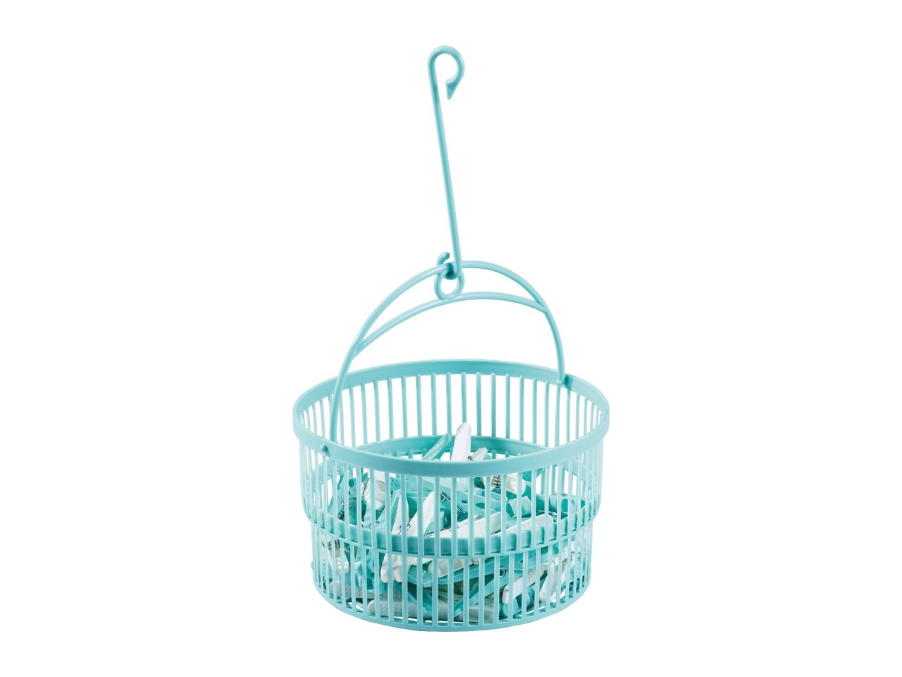 Light blue plastic basket with clothes pegs, hanging from a hook.