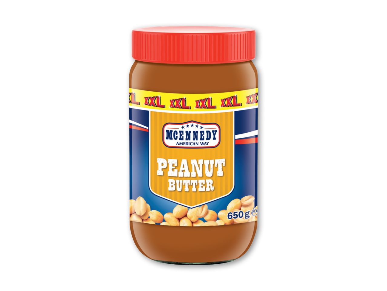 Milner's peanut butter i en glasbeholder.
