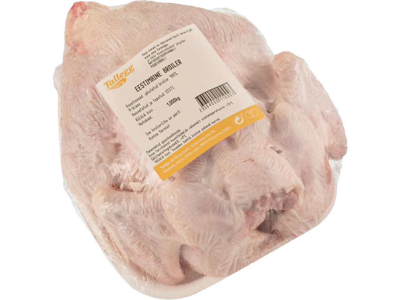 Jahutatud broiler, pakendatud gaasikeskkonda, valmis küpsetamiseks.