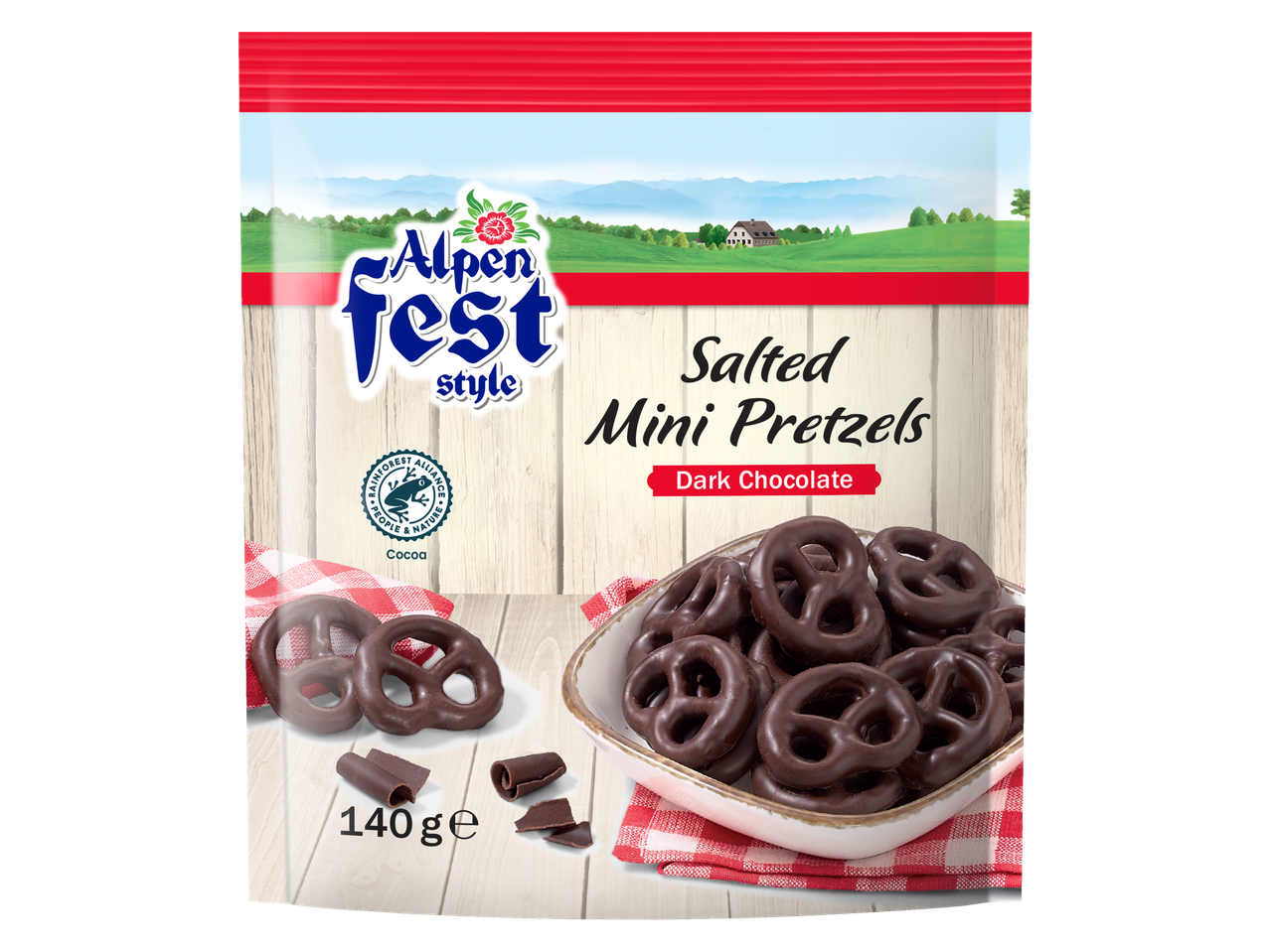 Alpenfest Salted Mini Pretzels met pure chocolade in een zak.