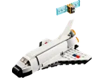 White toy space shuttle with red and blue details, and a floating satellite.