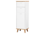 LIVARNO tall white cabinet with two drawers and a door, featuring wooden top and legs