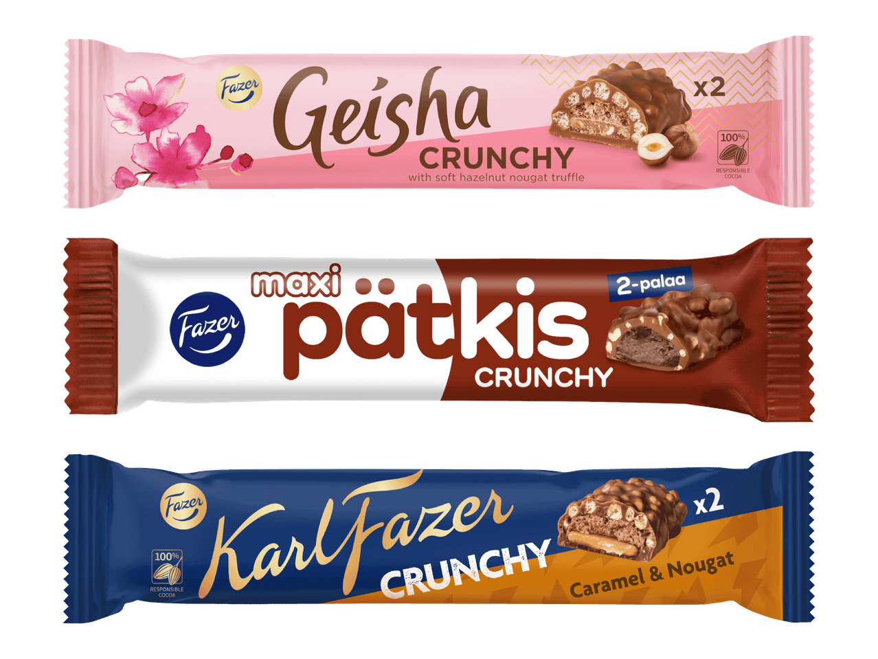 Fazer Geisha, Maxi Patkís ja Karl Fazer rapeaksikuorisuklaapatukat.