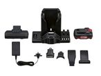 A set of black vacuum cleaner accessories, including a battery, charger, and various nozzles.