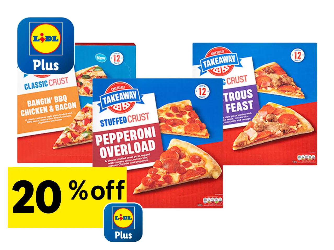 20% off Aldi's Mama Cozzi's frozen pizzas: Pepperoni Overload and various meat options.